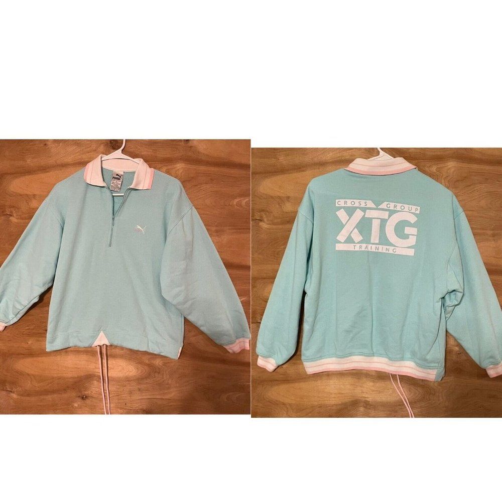 vintage woman’s M puma blue collared pullover sweatshirt front tie Cross Group